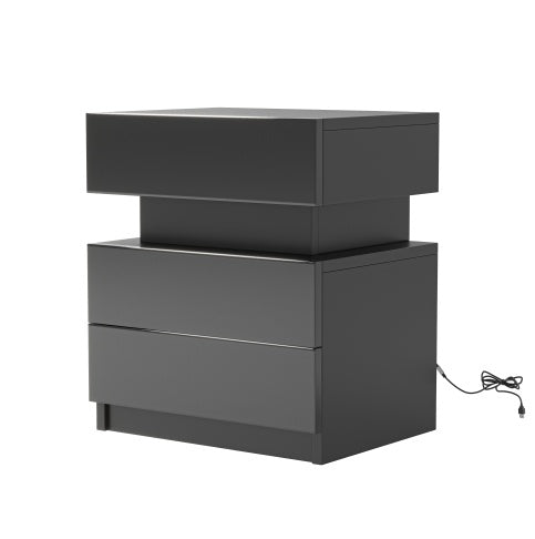 NEW LED Nightstand Modern Black Nightstand With Led Lights Wood Led Bedside Table Nightstand With 2 High Gloss Drawers For Bedroom