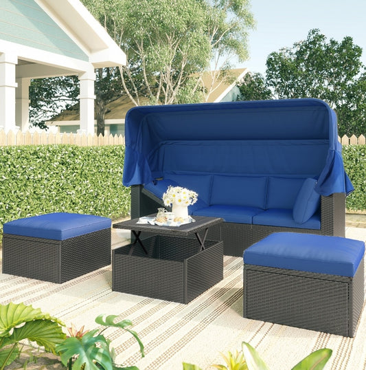 U Style Patio Rectangle Daybed With Canopy, Wicker Sectional Seating