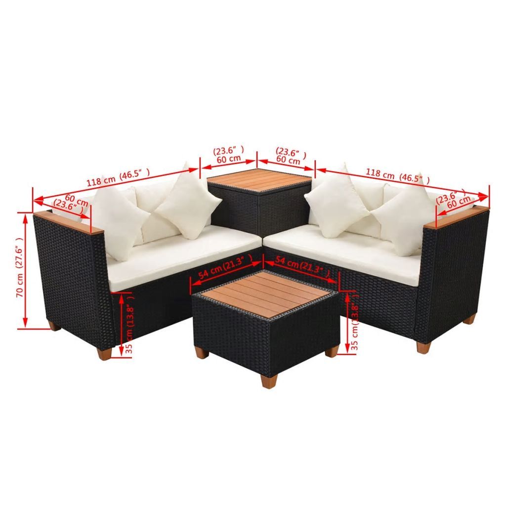 vidaXL 4 Piece Patio Lounge Set with Cushions Poly Rattan Black