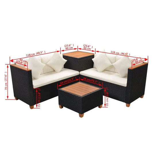 vidaXL 4 Piece Patio Lounge Set with Cushions Poly Rattan Black