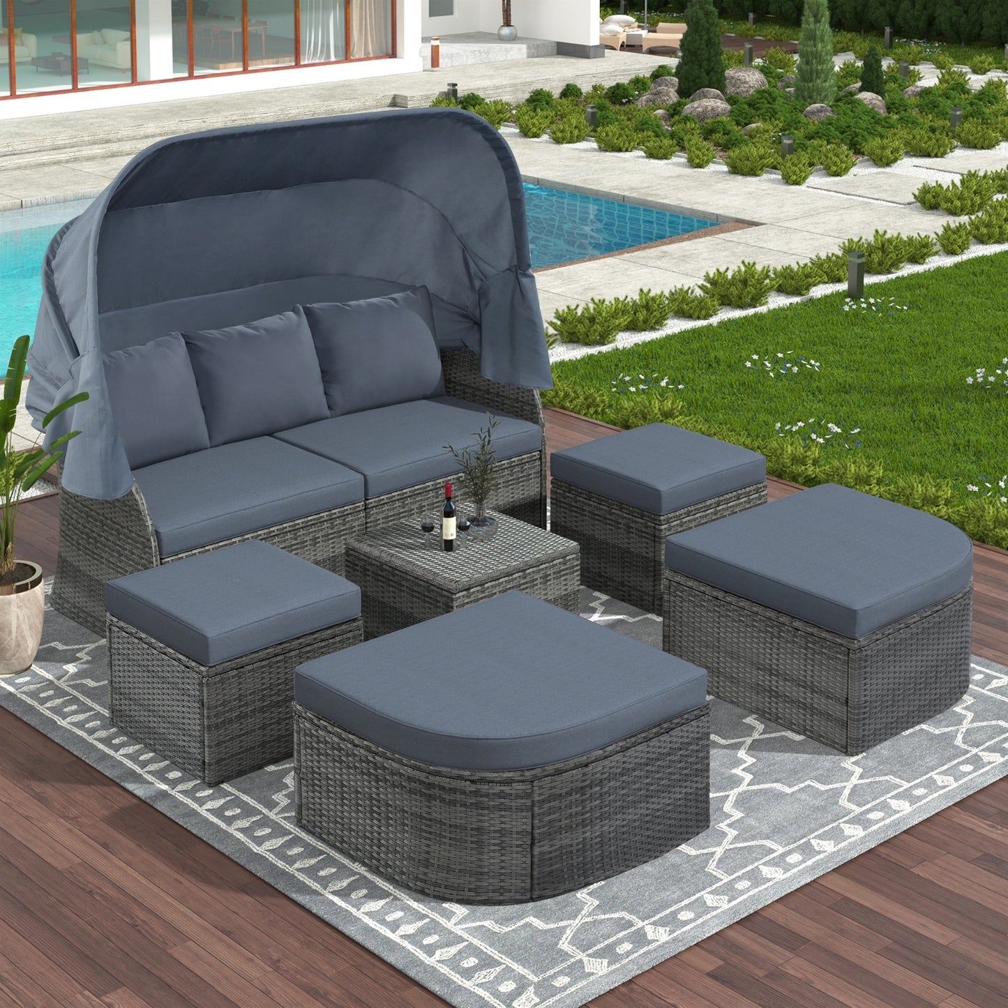 U STYLE Patio Furniture Set Daybed Sunbed With Canopy Wicker Conversation Set